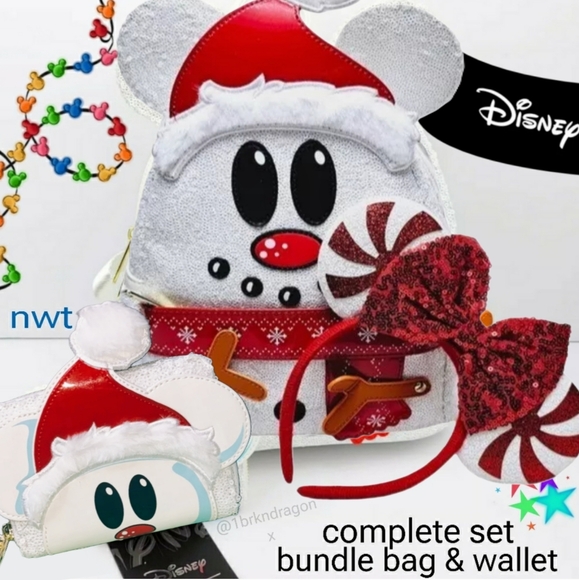 NWT Mickey Mouse Christmas Snowman Backpack Set Ears Wallet Bag Combo Disney - Picture 6 of 16
